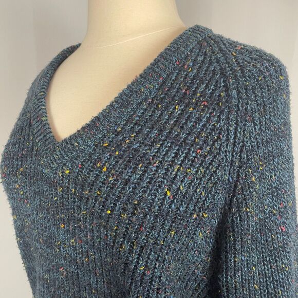 Vintage V Neck Sweater Size XL Blue Pullover Chunky Rib Knit Speckled 80s 90s - Picture 5 of 10